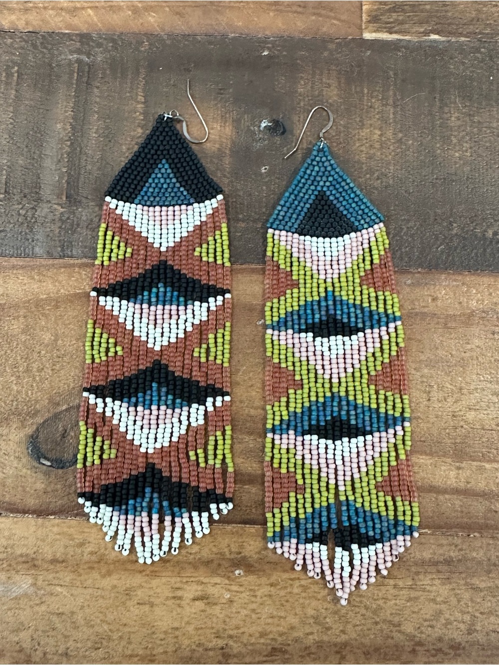Handmade Multicolor Geometric Seed Bead Fringe Earrings - Blue, Green & Brown